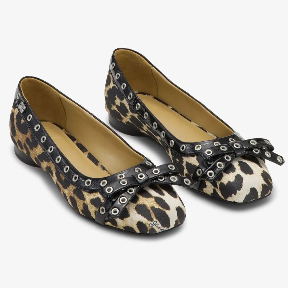 GANNI Grommet Bow Ballet Flats Leopard Print